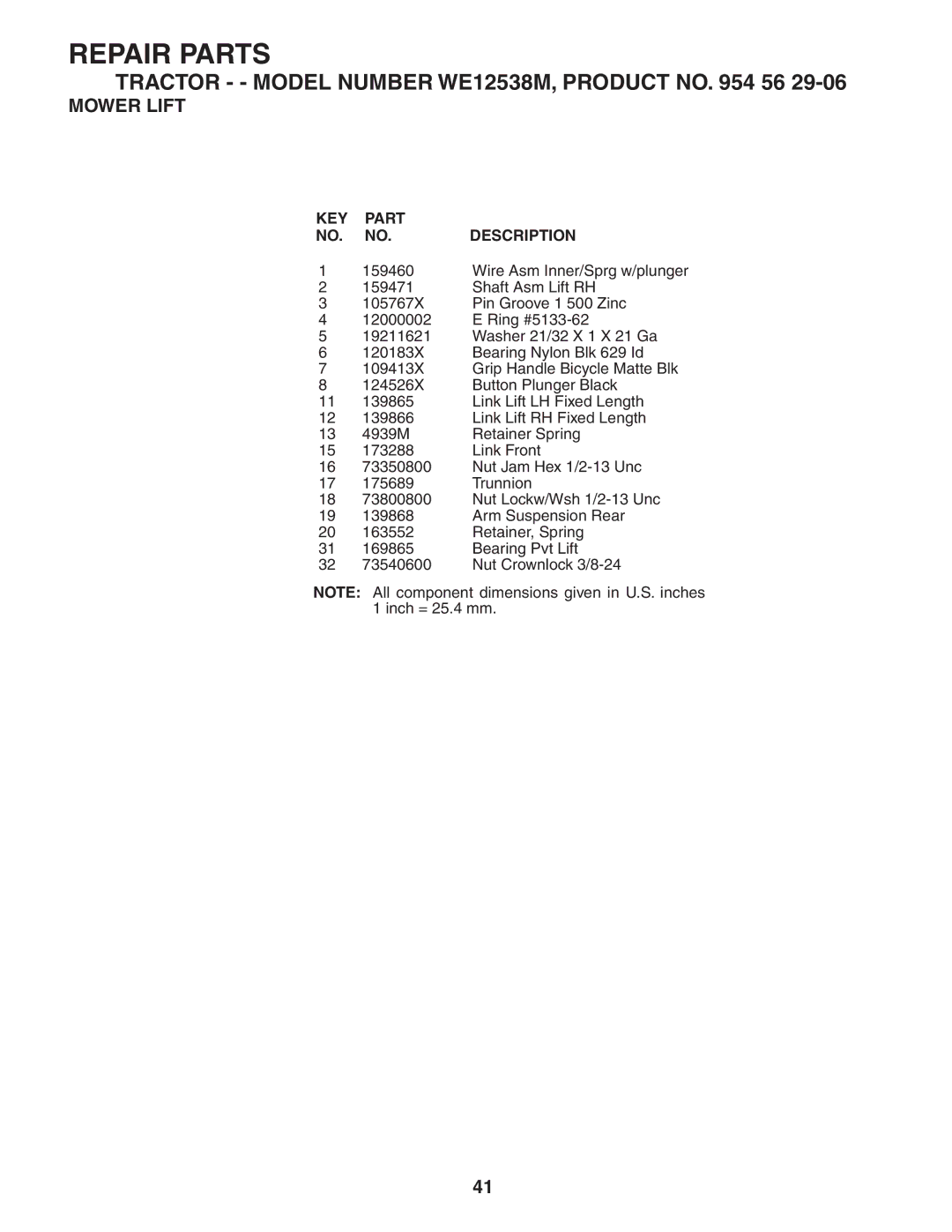 Weed Eater WE12538M manual Repair Parts 