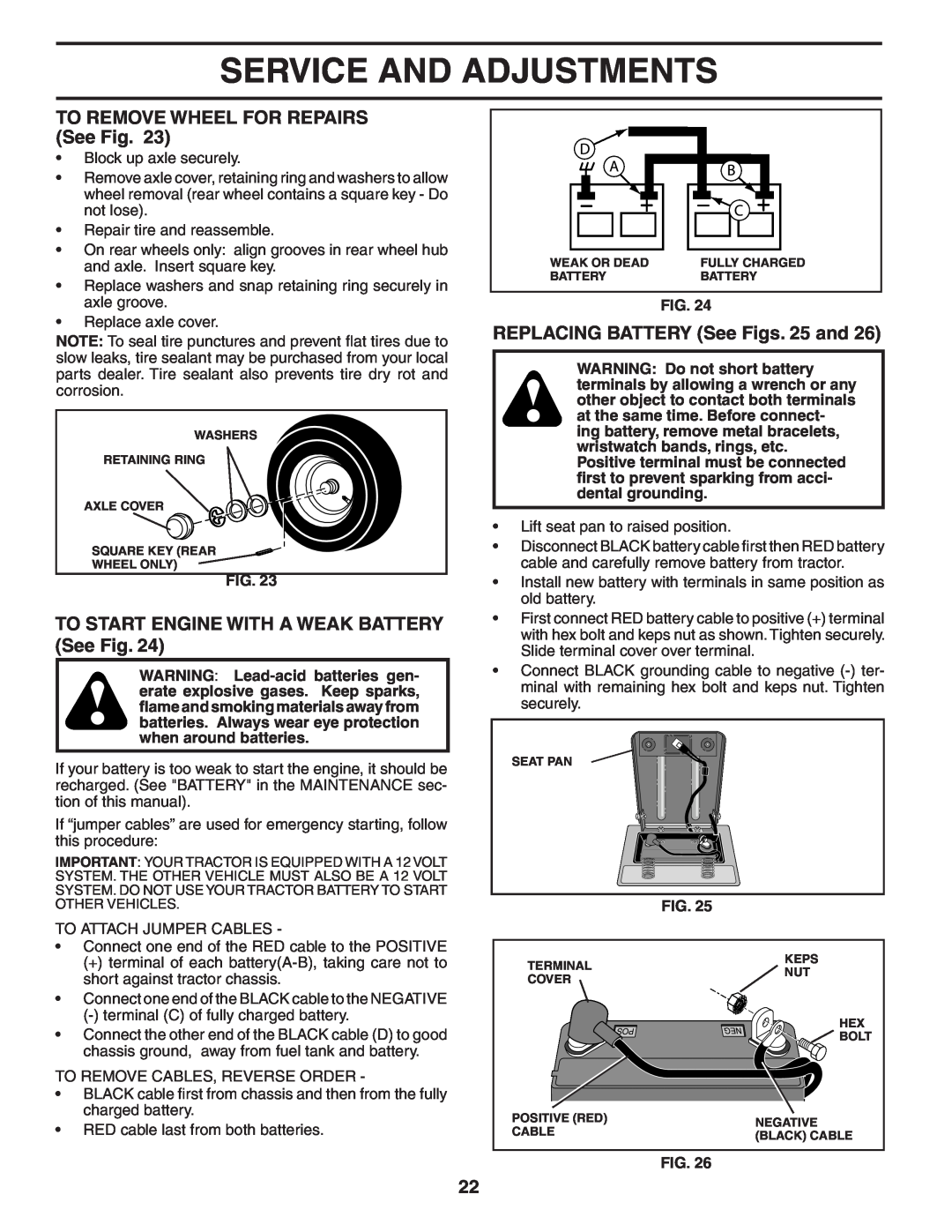 Weed Eater WE12538M manual TO REMOVE WHEEL FOR REPAIRS See Fig, TO START ENGINE WITH A WEAK BATTERY See Fig 