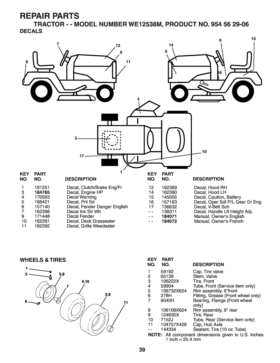Weed Eater Decals, Wheels & Tires, Repair Parts, TRACTOR - - MODEL NUMBER WE12538M, PRODUCT NO. 954 56, Description 