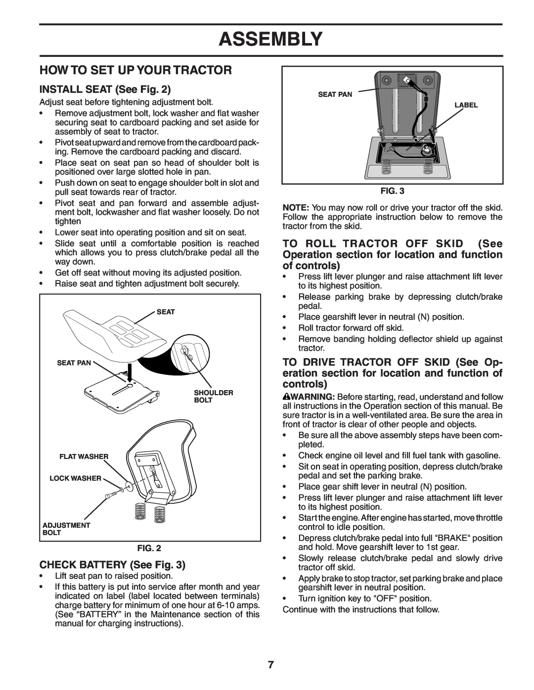 Weed Eater WE12538M manual How To Set Up Your Tractor, INSTALL SEAT See Fig, CHECK BATTERY See Fig, Assembly 