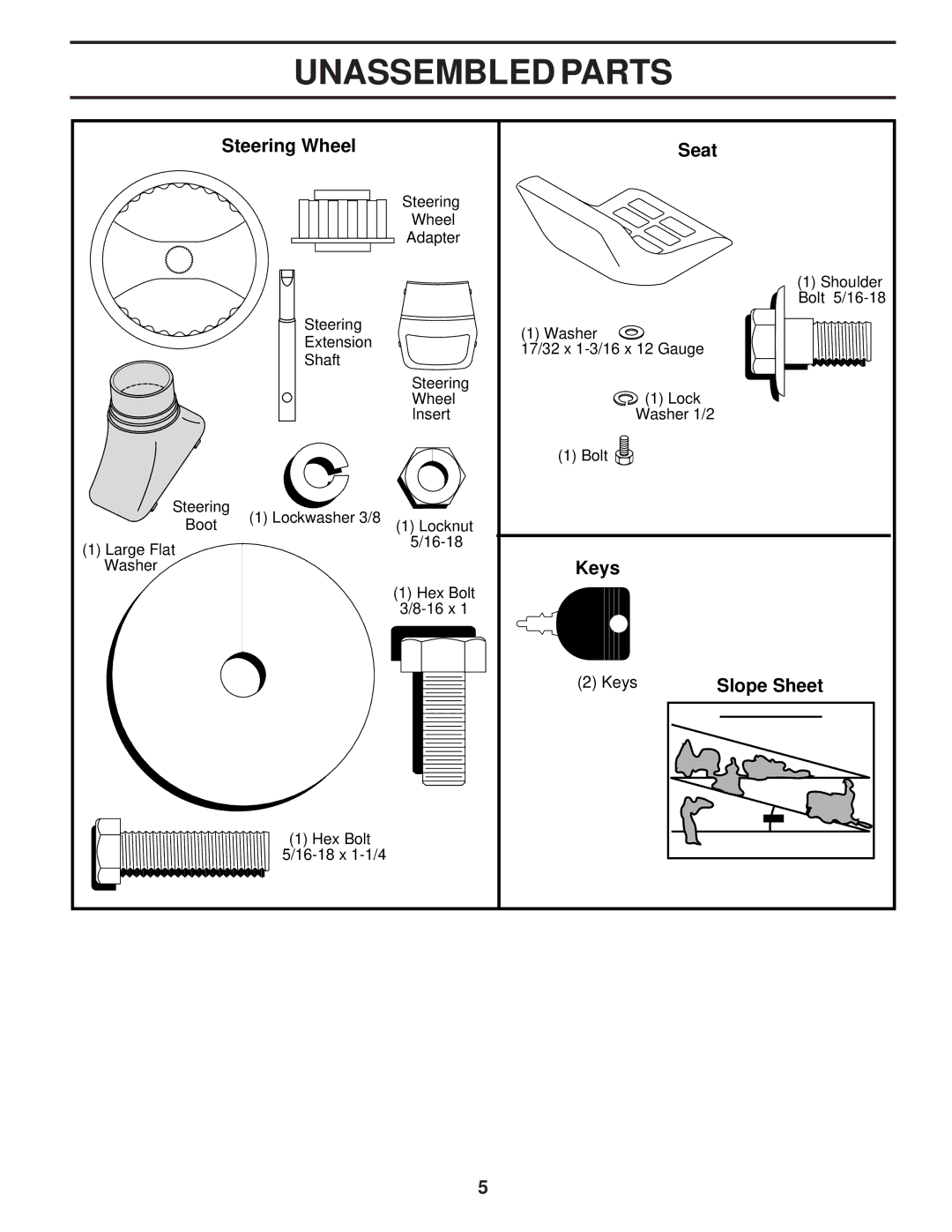 Weed Eater 174193, WE12542F owner manual Unassembled Parts, Steering Wheel Seat, Keys, Slope Sheet 