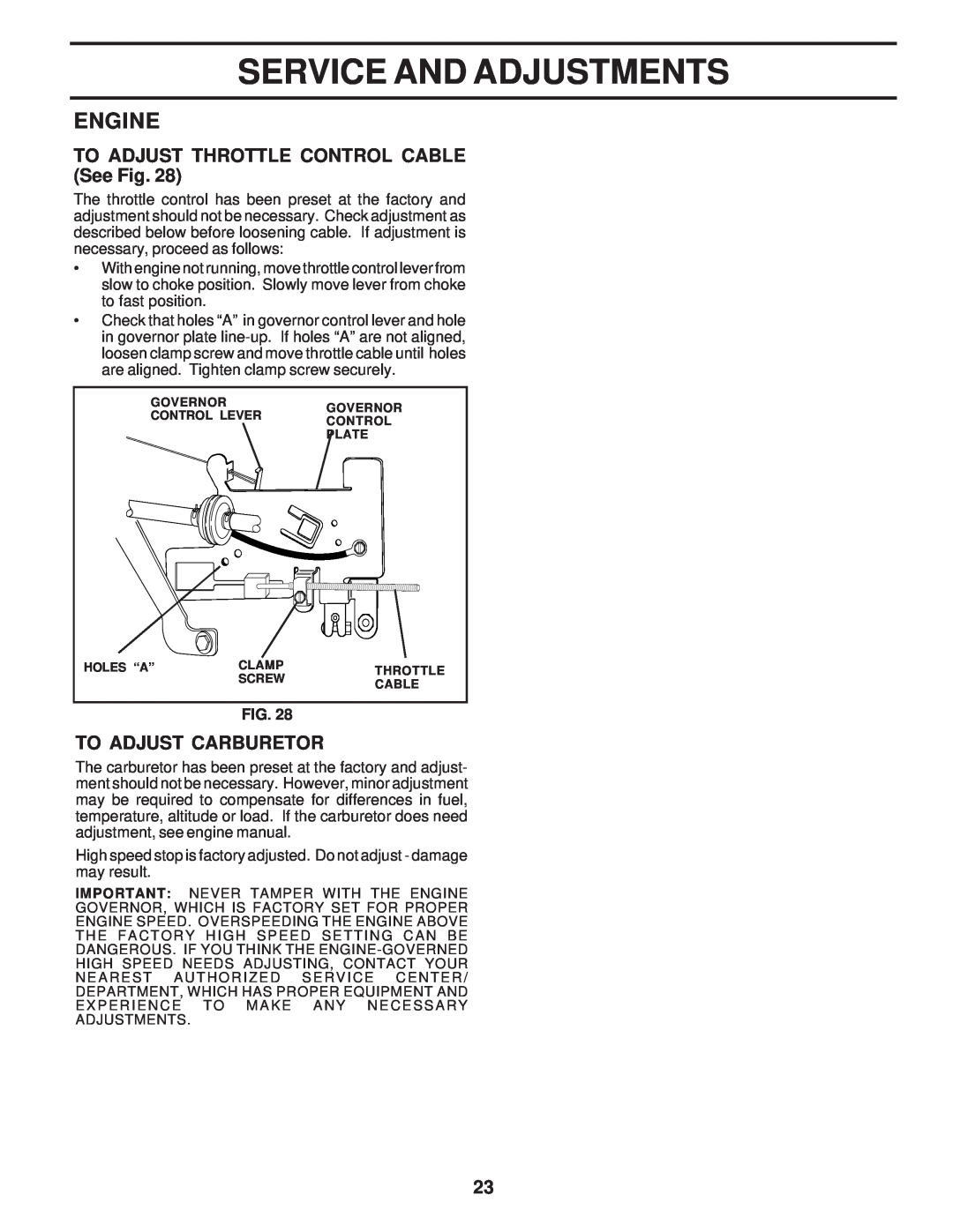 Weed Eater 174193 TO ADJUST THROTTLE CONTROL CABLE See Fig, To Adjust Carburetor, Service And Adjustments, Engine 