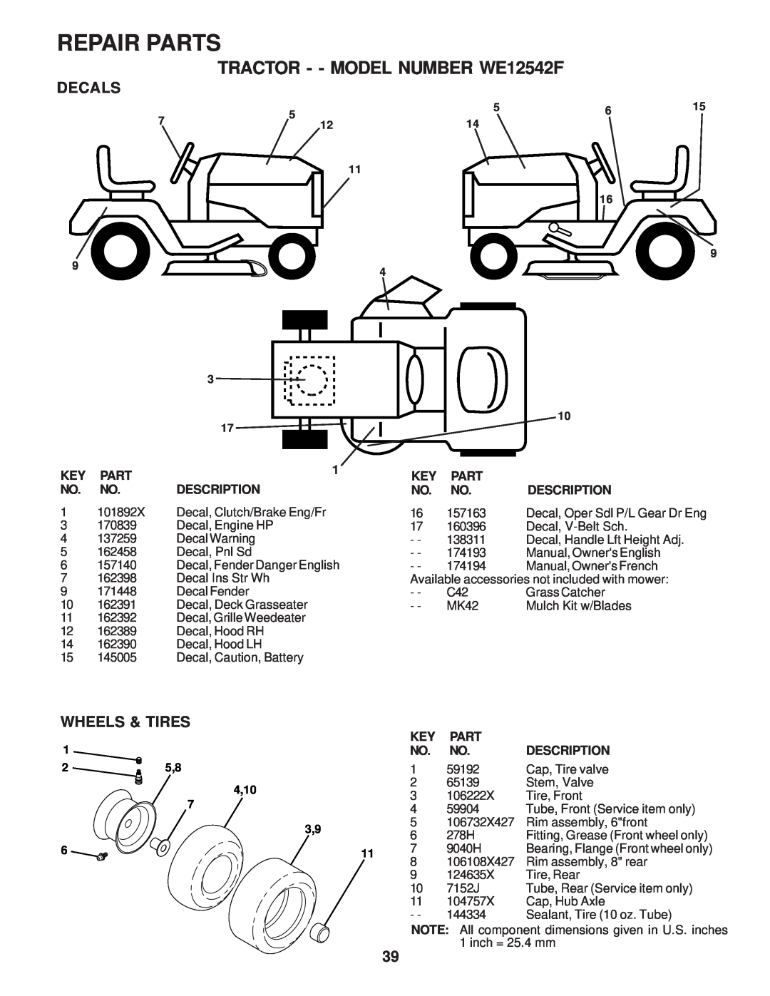 Weed Eater 174193 owner manual Decals, Wheels & Tires, Repair Parts, TRACTOR - - MODEL NUMBER WE12542F, 4,10 