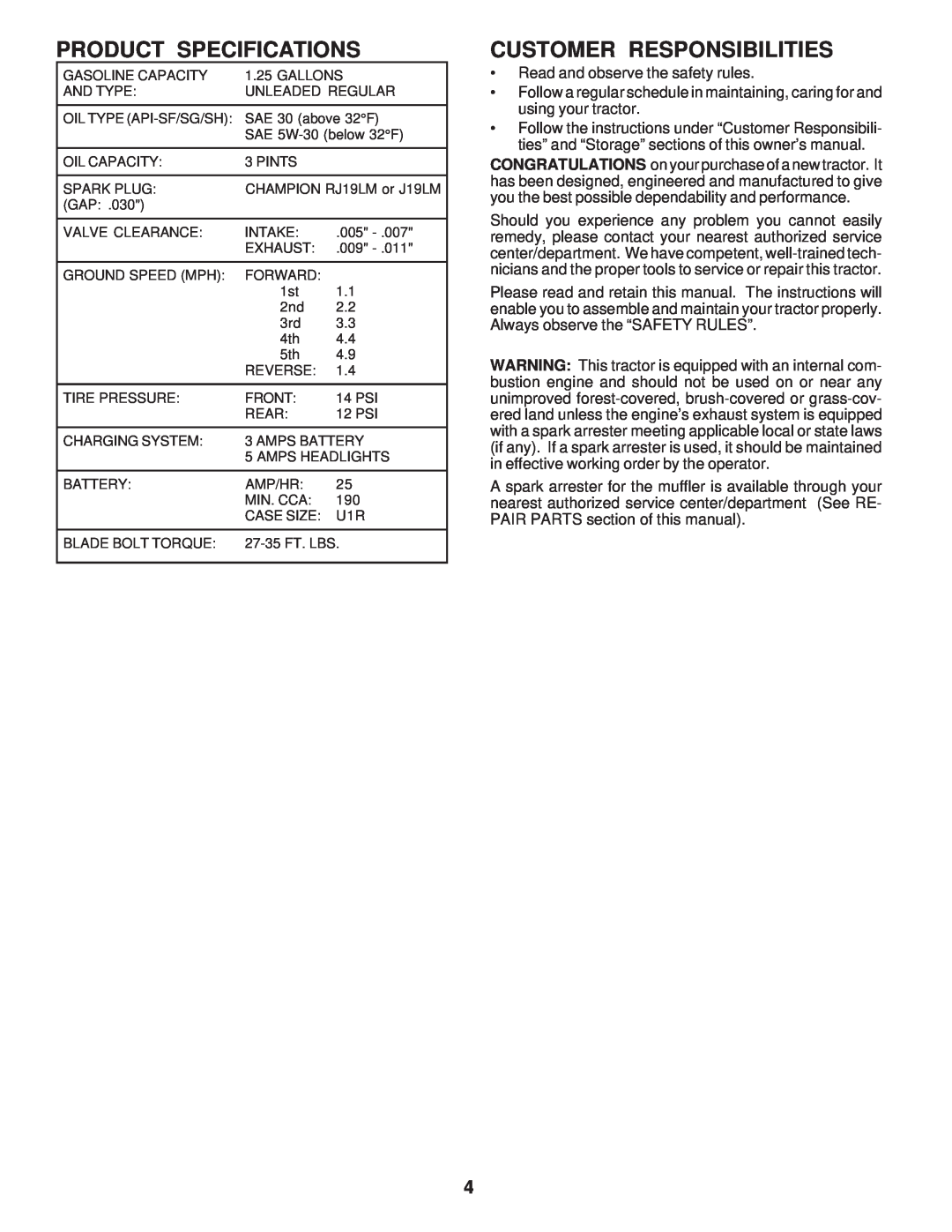 Weed Eater WE12542F, 174193 owner manual Product Specifications, Customer Responsibilities 