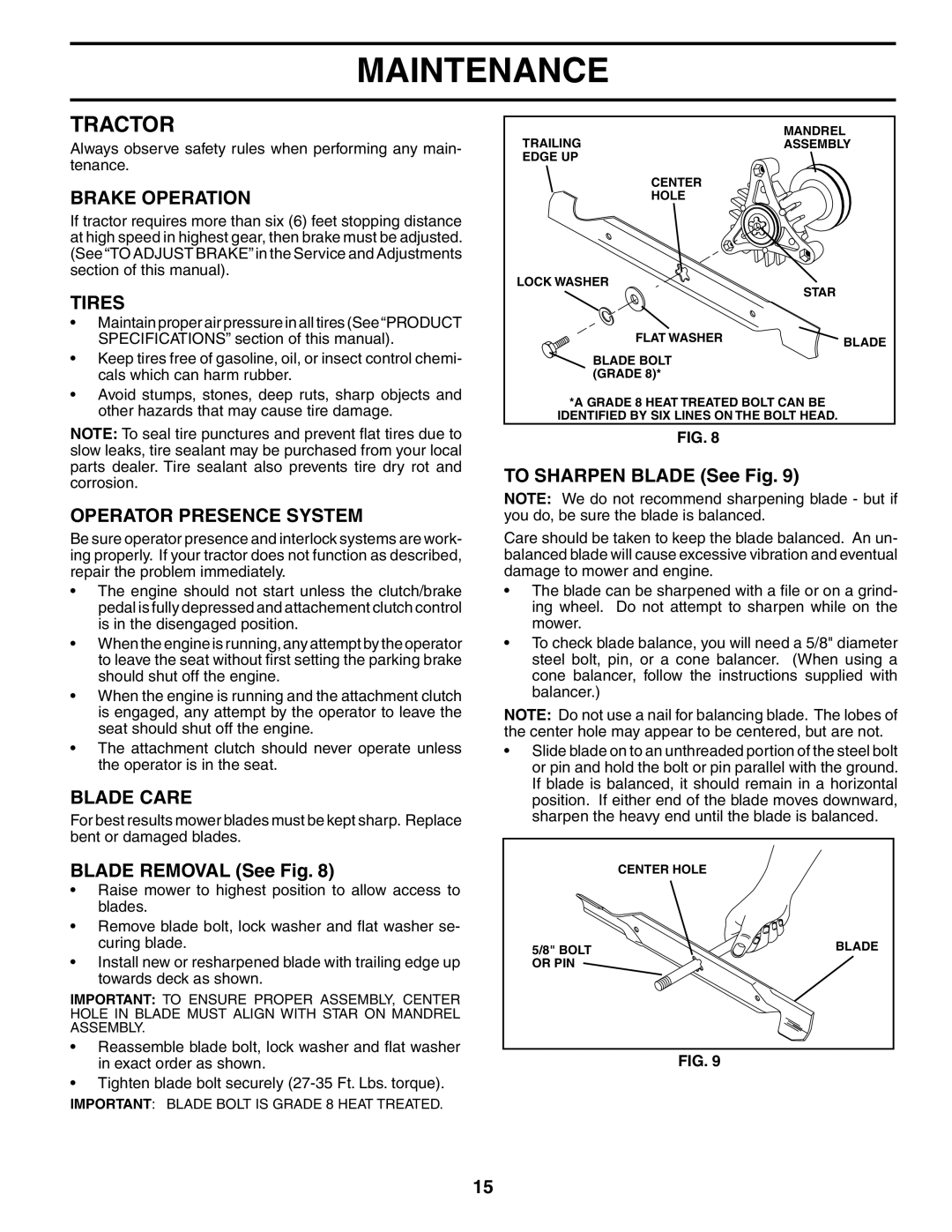 Weed Eater 184404, WE1338A manual Tractor, Brake Operation, Tires, Operator Presence System, Blade Care 