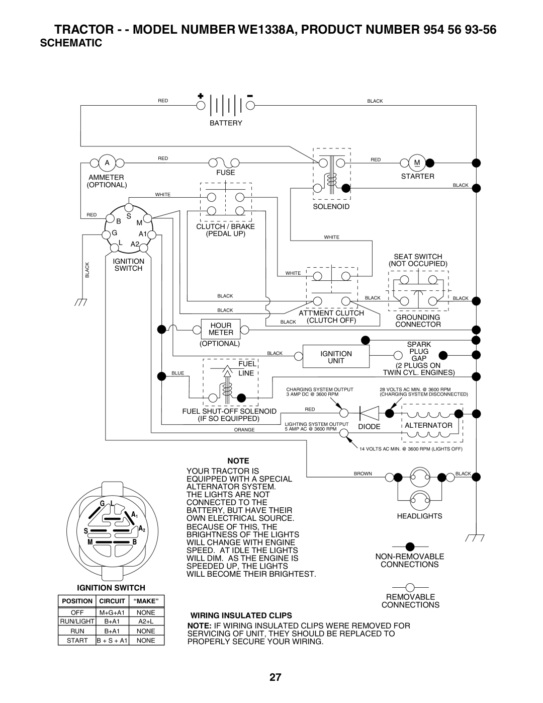 Weed Eater 184404 manual Tractor - Model Number WE1338A, Product Number 954 56, Schematic 