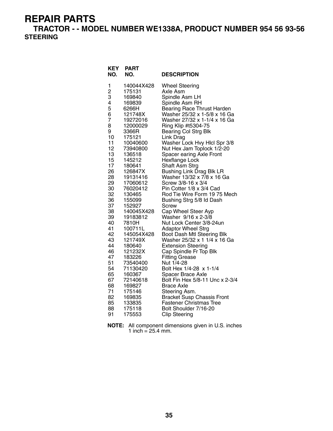 Weed Eater 184404, WE1338A manual Repair Parts 