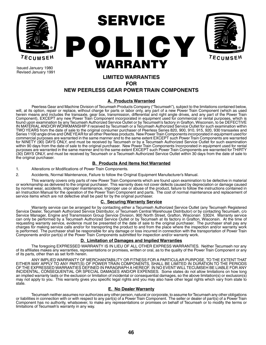 Weed Eater WE1338A, 184404 manual Policy 