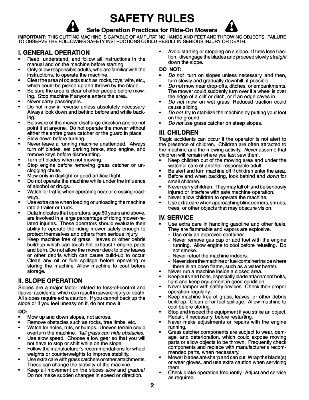 Weed Eater WE1338A Safety Rules, Safe Operation Practices for Ride-On Mowers, I. General Operation, Ii. Slope Operation 