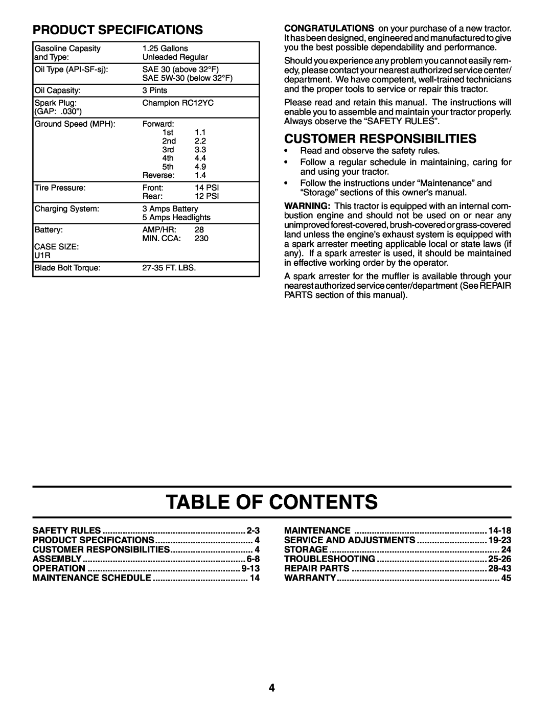 Weed Eater WE1338A Table Of Contents, Product Specifications, Customer Responsibilities, 9-13, 14-18, 19-23, 25-26, 28-43 