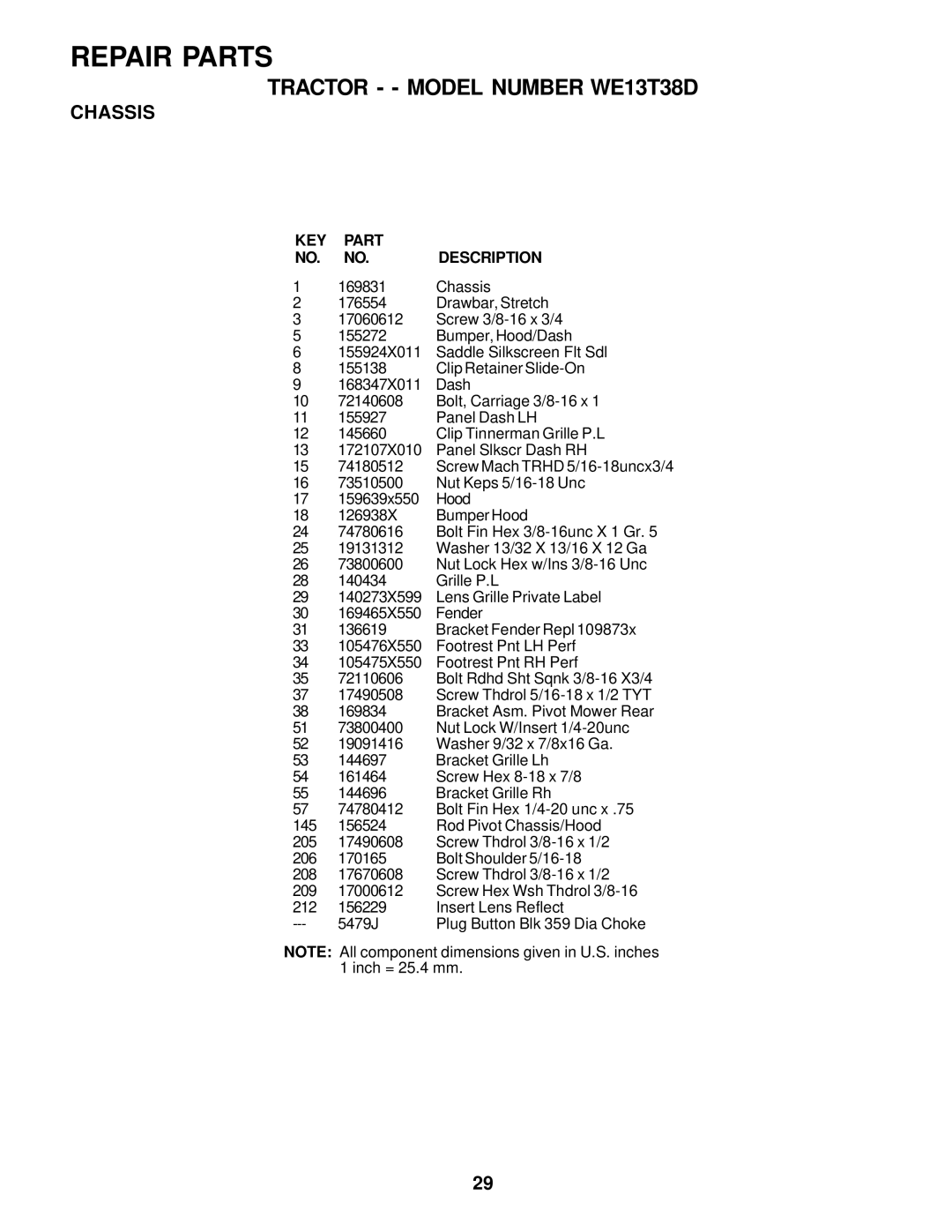 Weed Eater 178078, WE13T38D owner manual KEY Part Description 