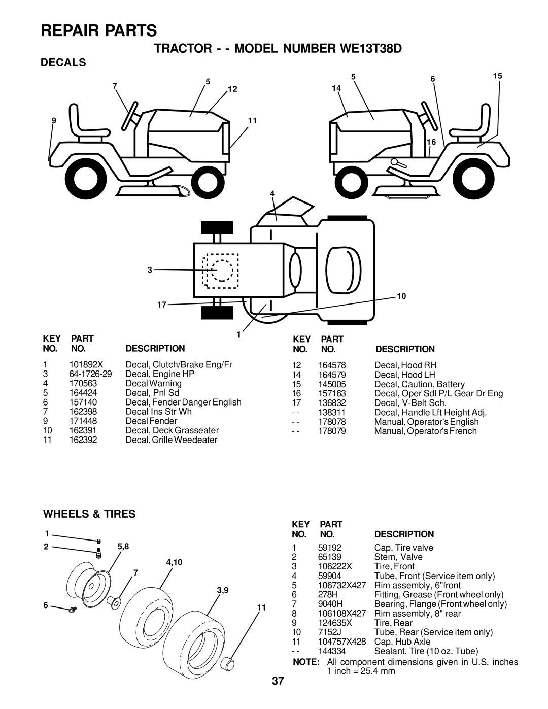 Weed Eater 178078, WE13T38D owner manual Decals, Wheels & Tires 