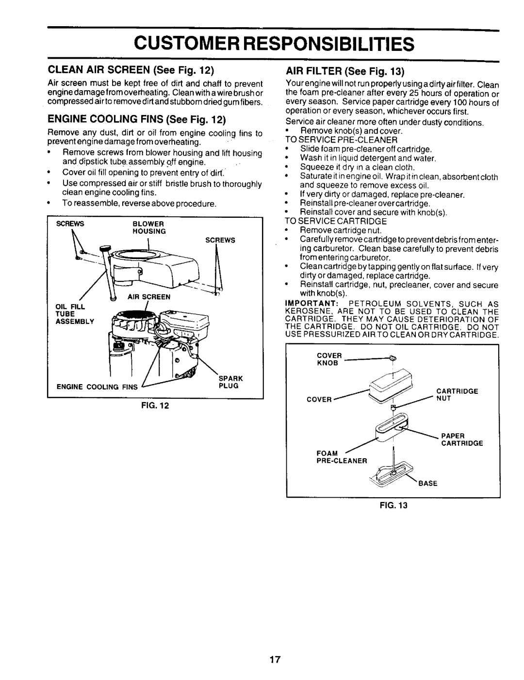 Weed Eater WE14542K owner manual Engine Cooling Fins See Fig, AIR Filter See Fig, Screwsblower, To Service PRE-CLEANER 