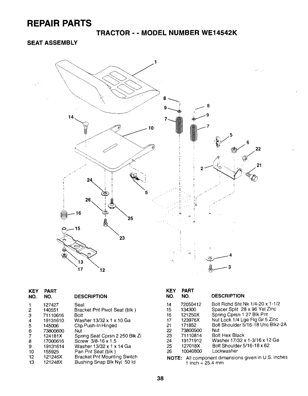 Weed Eater WE14542K owner manual Seat Assembly, KEY Part NO. NO.DESCRIPTION 