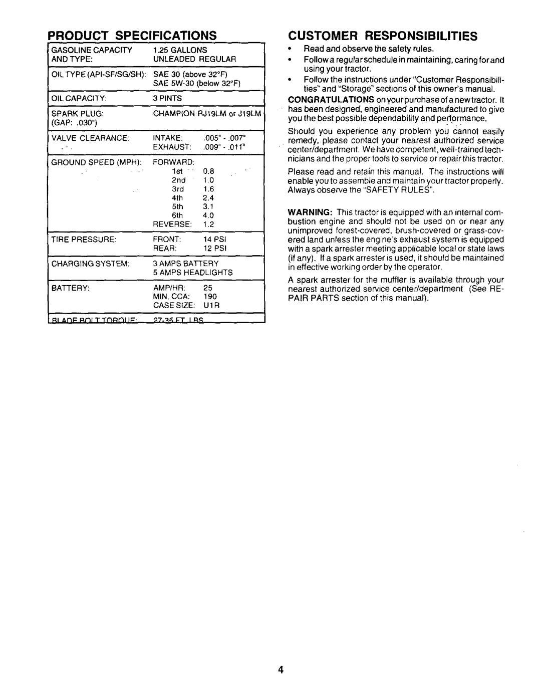 Weed Eater WE14542K owner manual Product Specifications, Customer Responsibilities 