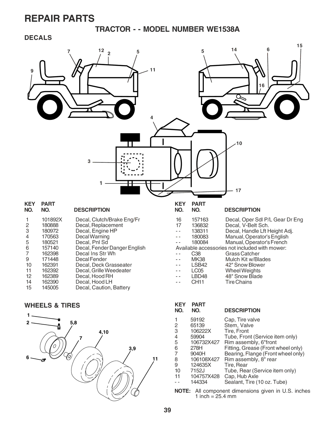 Weed Eater WE1538A manual Decals, Wheels & Tires, LSB42, LBD48 