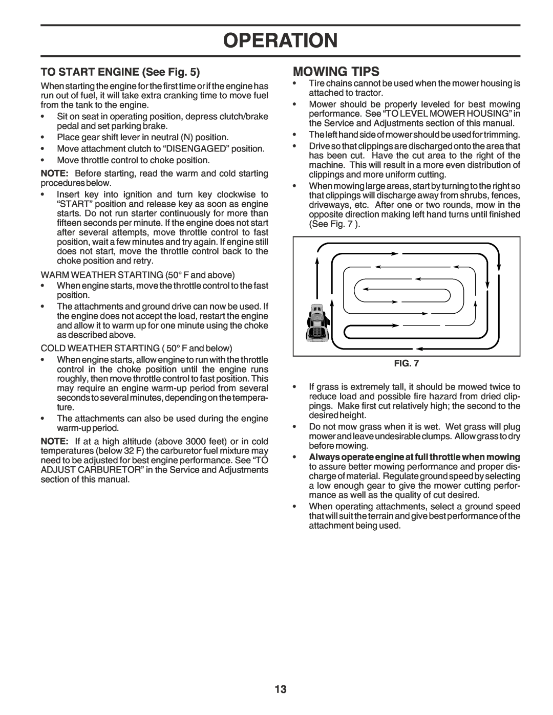 Weed Eater WE1538A manual Mowing Tips, TO START ENGINE See Fig, Operation 