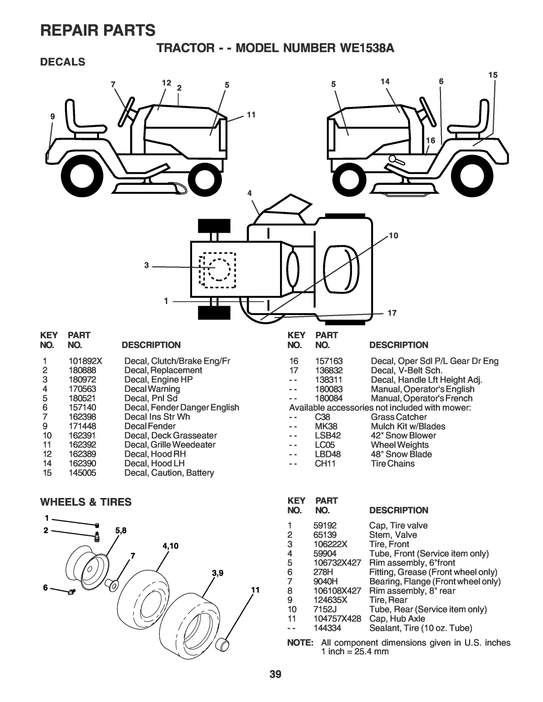 Weed Eater manual Decals, Wheels & Tires, Repair Parts, TRACTOR - - MODEL NUMBER WE1538A, 25,8 4,10 