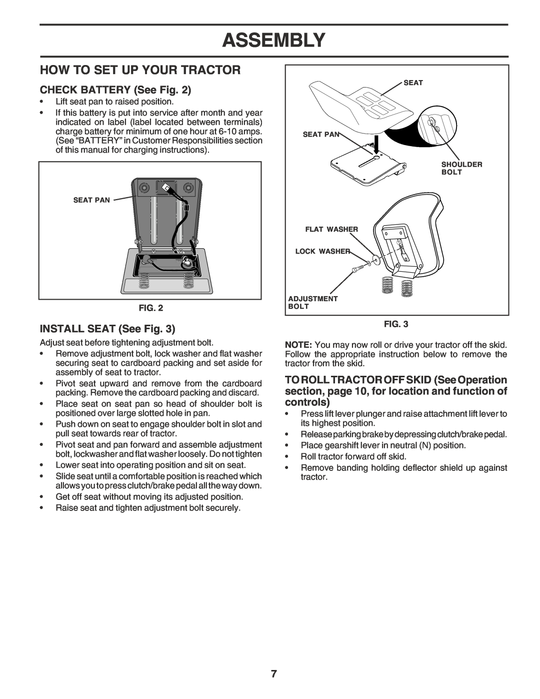 Weed Eater WE1538A manual How To Set Up Your Tractor, CHECK BATTERY See Fig, INSTALL SEAT See Fig, Assembly 