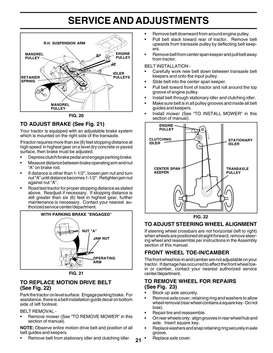 Weed Eater WE1538B manual TO ADJUST BRAKE See Fig, To Adjust Steering Wheel Alignment, Front Wheel Toe-In/Camber 