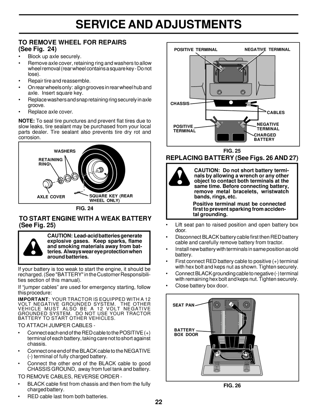 Weed Eater WE16542D owner manual To Remove Wheel for Repairs See Fig, To Start Engine with a Weak Battery See Fig 