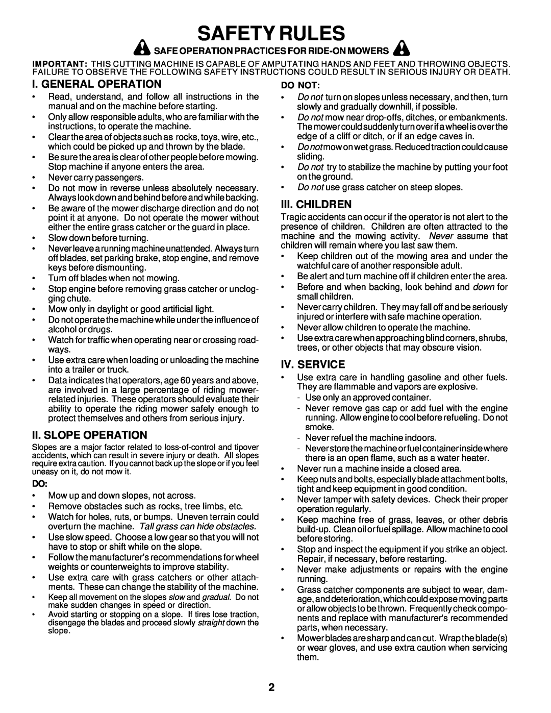 Weed Eater WE16542D owner manual Safety Rules, I. General Operation, Ii. Slope Operation, Iii. Children, Iv. Service 
