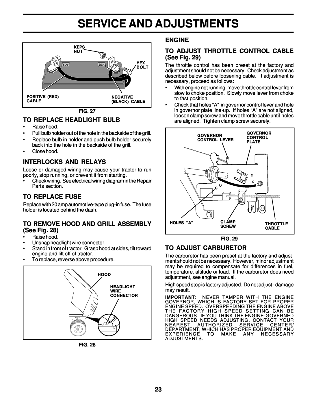 Weed Eater WE16542D owner manual To Replace Headlight Bulb, Interlocks And Relays, To Replace Fuse, To Adjust Carburetor 