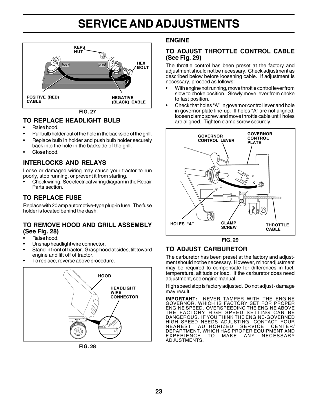 Weed Eater WE16542E manual To Replace Headlight Bulb, Interlocks and Relays, To Replace Fuse, Engine, To Adjust Carburetor 