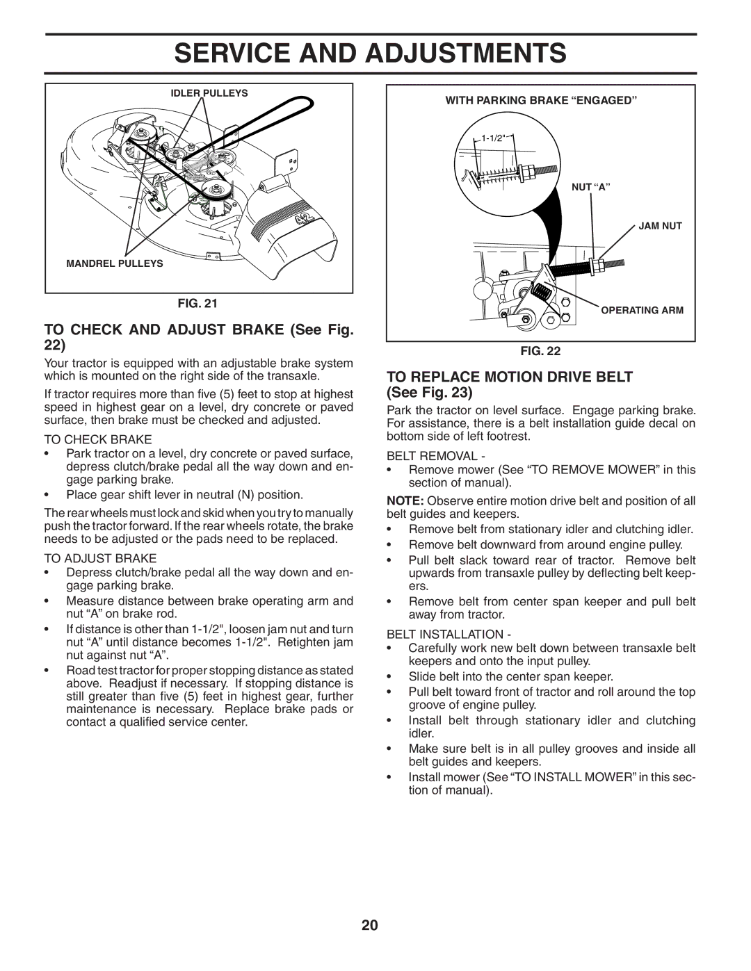 Weed Eater WE165T42A manual To Check and Adjust Brake See Fig, To Replace Motion Drive Belt See Fig, To Check Brake 