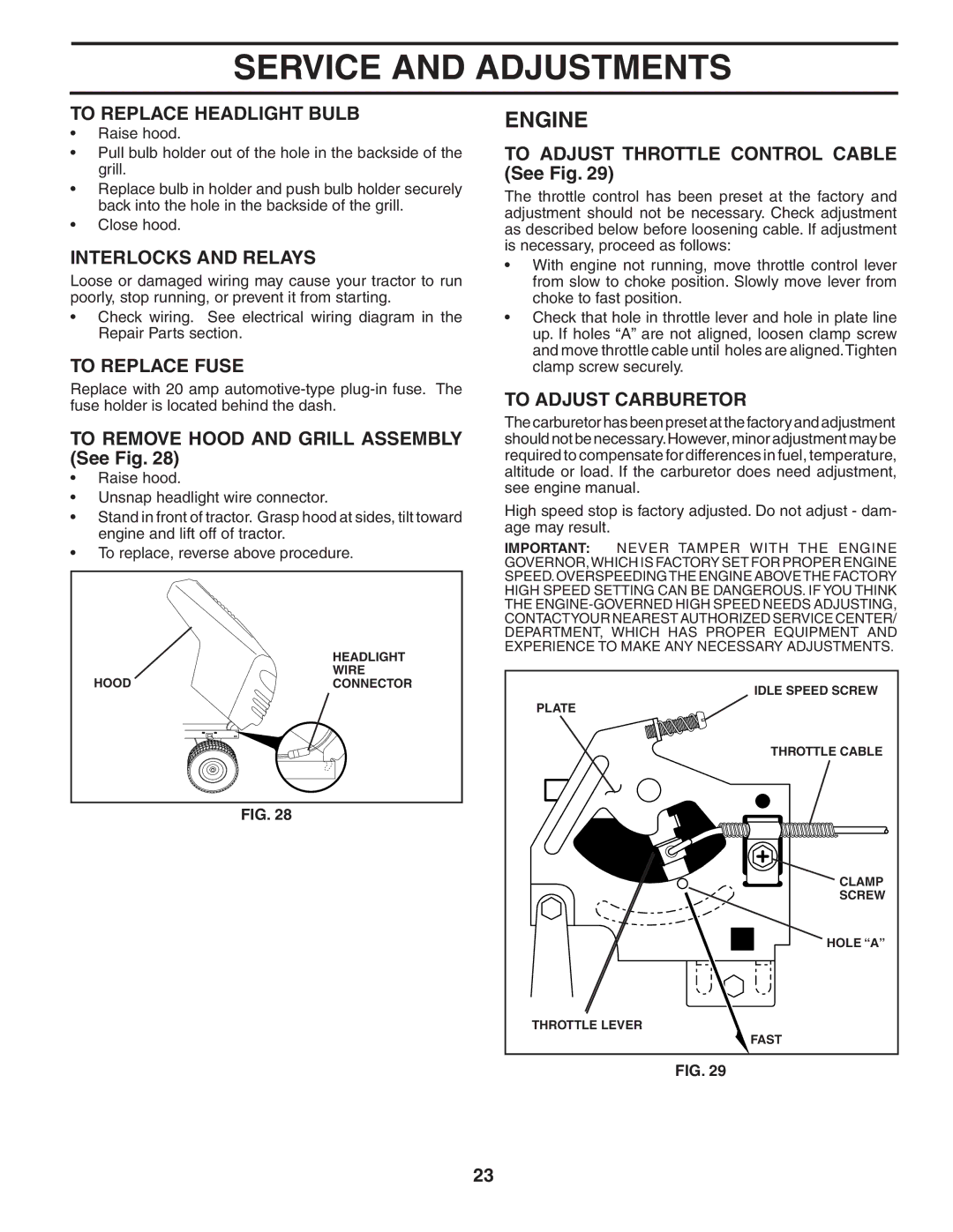 Weed Eater WE165T42A manual To Replace Headlight Bulb, Interlocks and Relays, To Replace Fuse, To Adjust Carburetor 