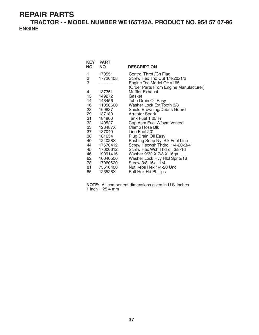 Weed Eater WE165T42A manual Repair Parts 