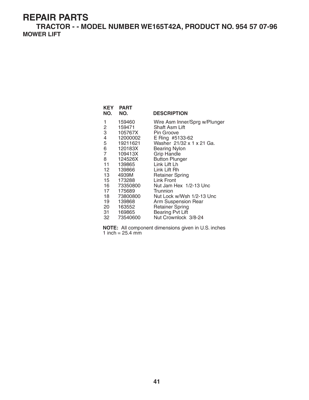 Weed Eater WE165T42A manual Repair Parts 