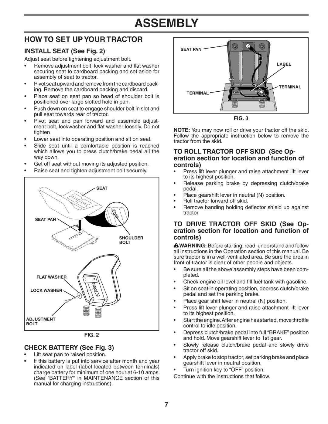 Weed Eater WE165T42A manual HOW to SET UP Your Tractor, Install Seat See Fig, Check Battery See Fig 