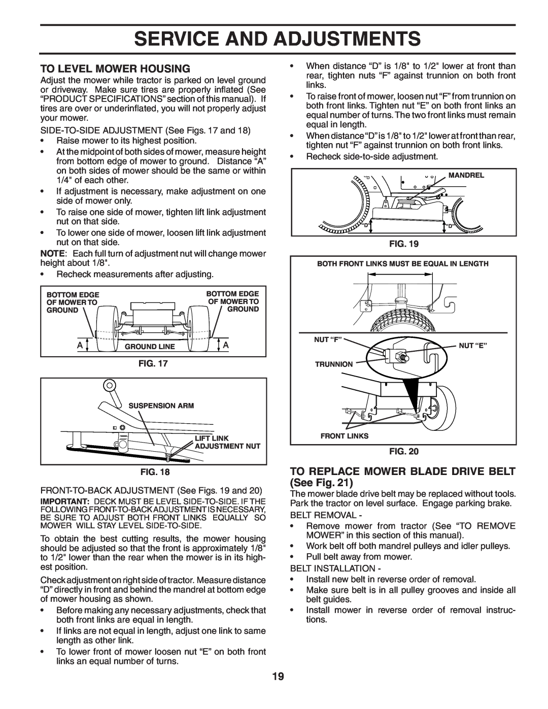 Weed Eater WE165T42A manual To Level Mower Housing, TO REPLACE MOWER BLADE DRIVE BELT See Fig, Service And Adjustments 