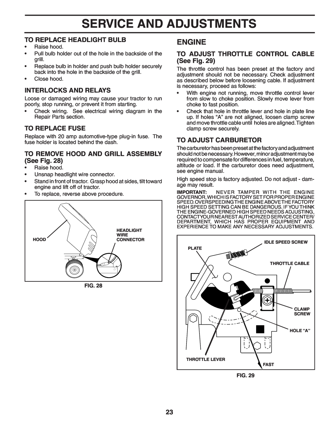 Weed Eater WE165T42A manual To Replace Headlight Bulb, Interlocks And Relays, To Replace Fuse, To Adjust Carburetor, Engine 