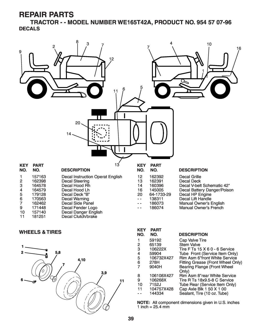 Weed Eater Decals, Wheels & Tires, Repair Parts, TRACTOR - - MODEL NUMBER WE165T42A, PRODUCT NO. 954 57, 25,8 4,10 