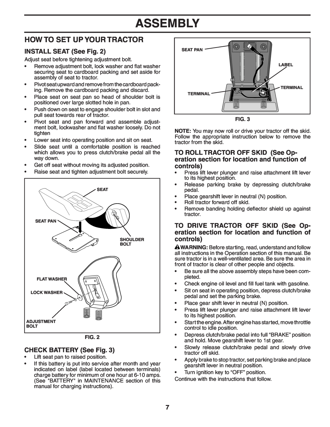 Weed Eater WE165T42A manual How To Set Up Your Tractor, INSTALL SEAT See Fig, CHECK BATTERY See Fig, Assembly 