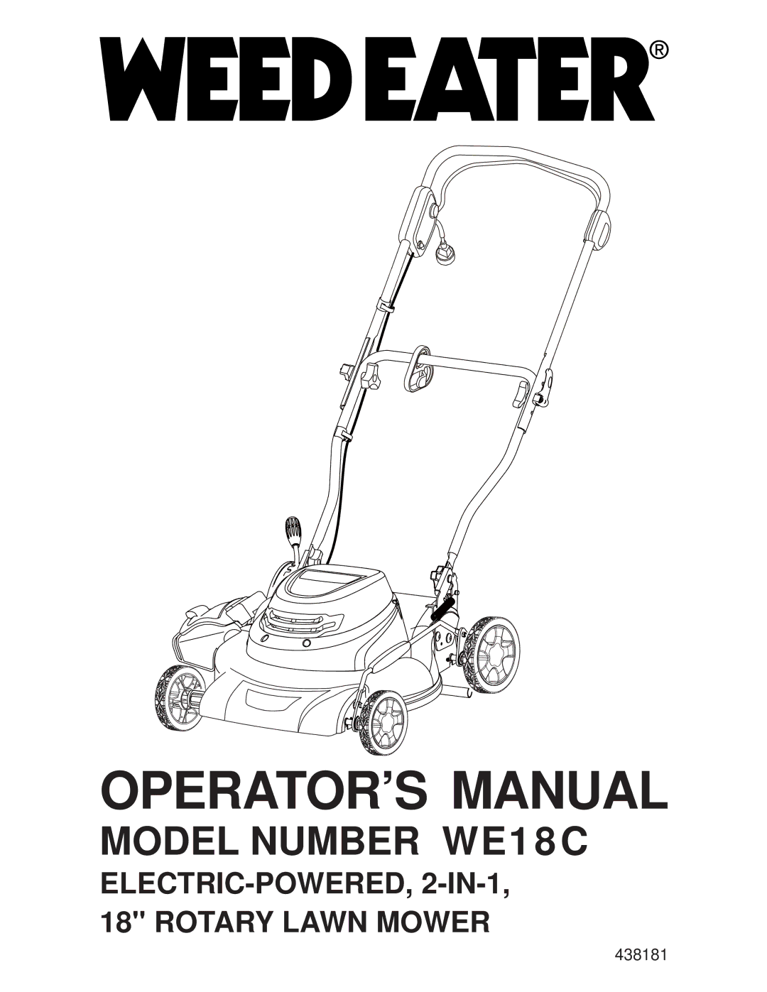 Weed Eater 438181, WE18C, 96112010100 manual OPERATOR’S Manual 