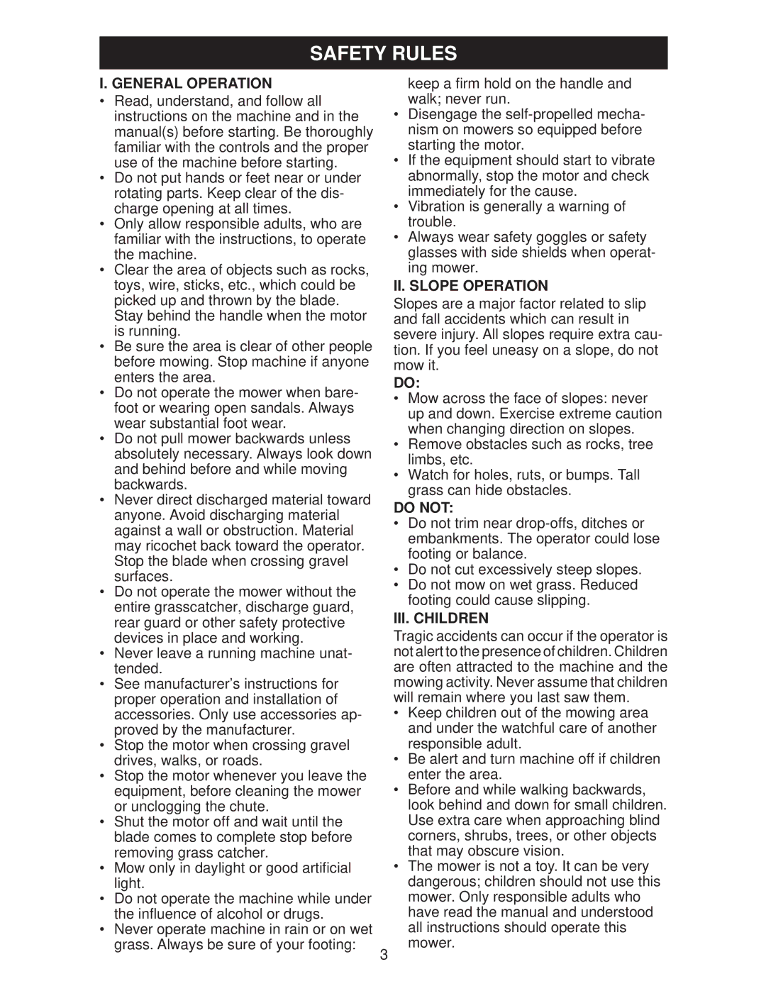 Weed Eater WE18C, 438181, 96112010100 manual General Operation, II. Slope Operation, Do not, III. Children 