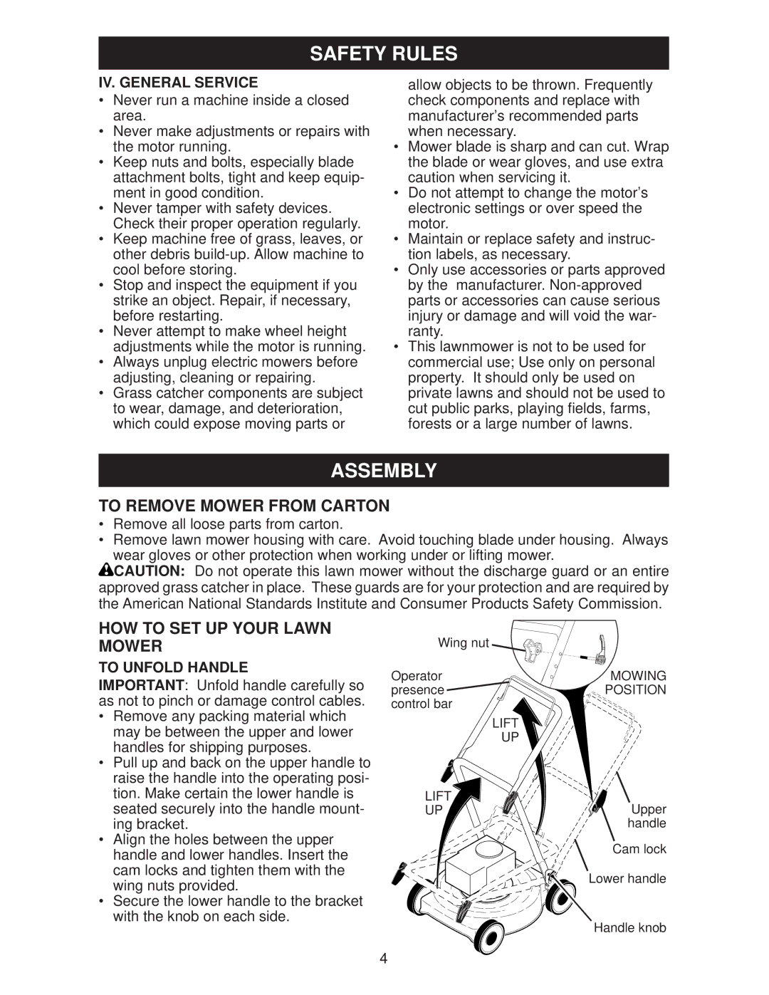 Weed Eater 438181, WE18C manual Assembly, To Remove Mower from Carton, HOW to SET UP Your Lawn Mower, IV. General Service 