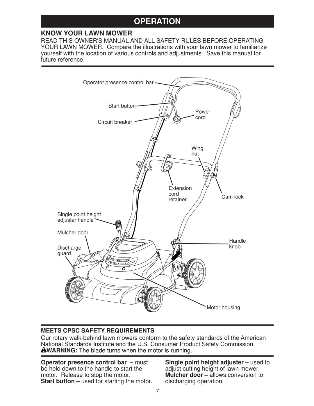 Weed Eater 438181, WE18C, 96112010100 manual Operation, Know Your Lawn Mower, Meets Cpsc Safety Requirements 