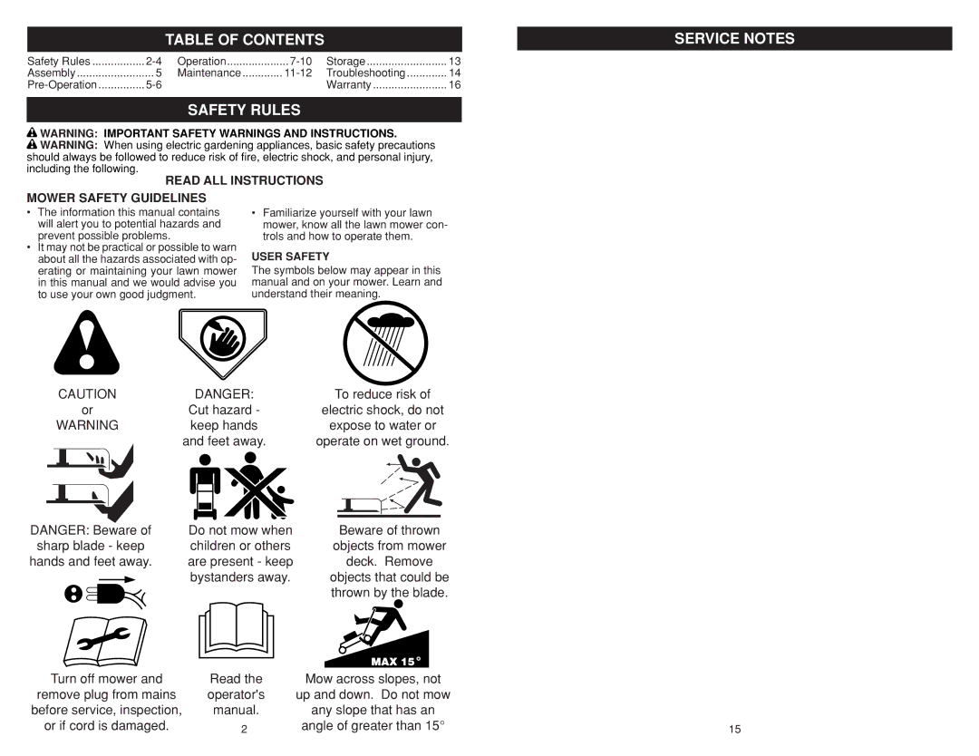 Weed Eater WE18C warranty Table of Contents, Safety Rules, Service Notes 