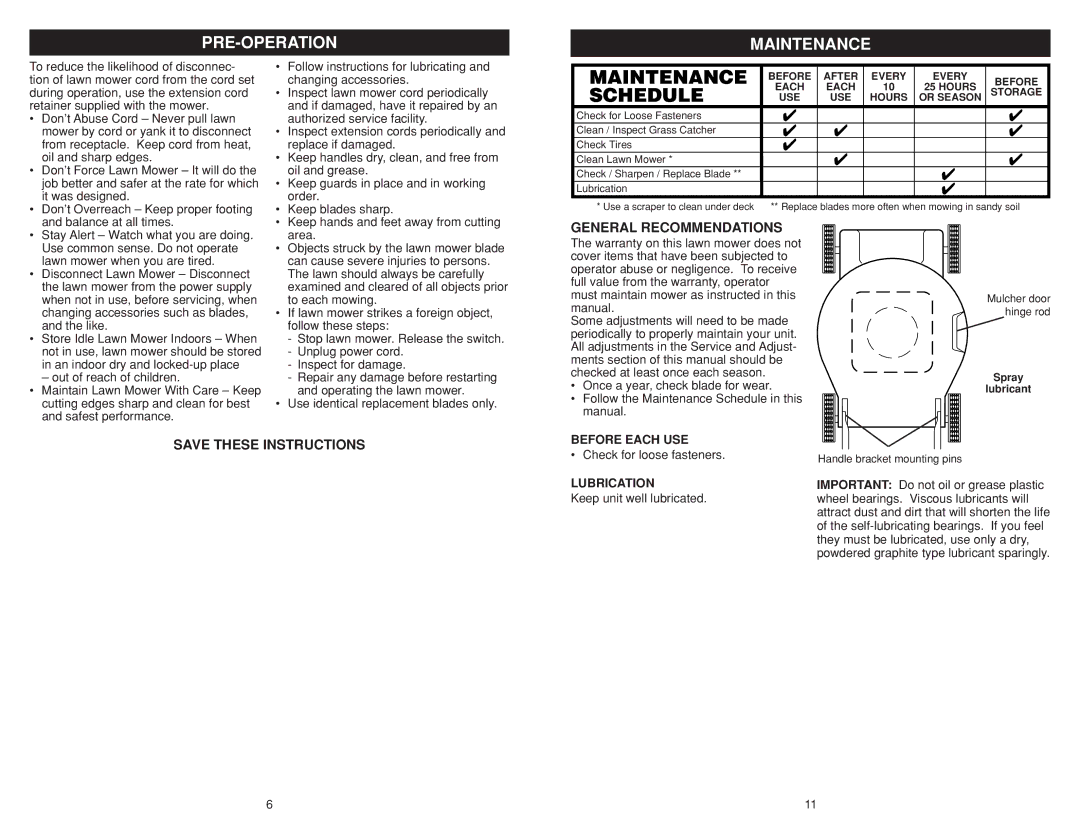 Weed Eater WE18C warranty PRE-OPERATION Maintenance, General Recommendations, Before Each USE, Lubrication 