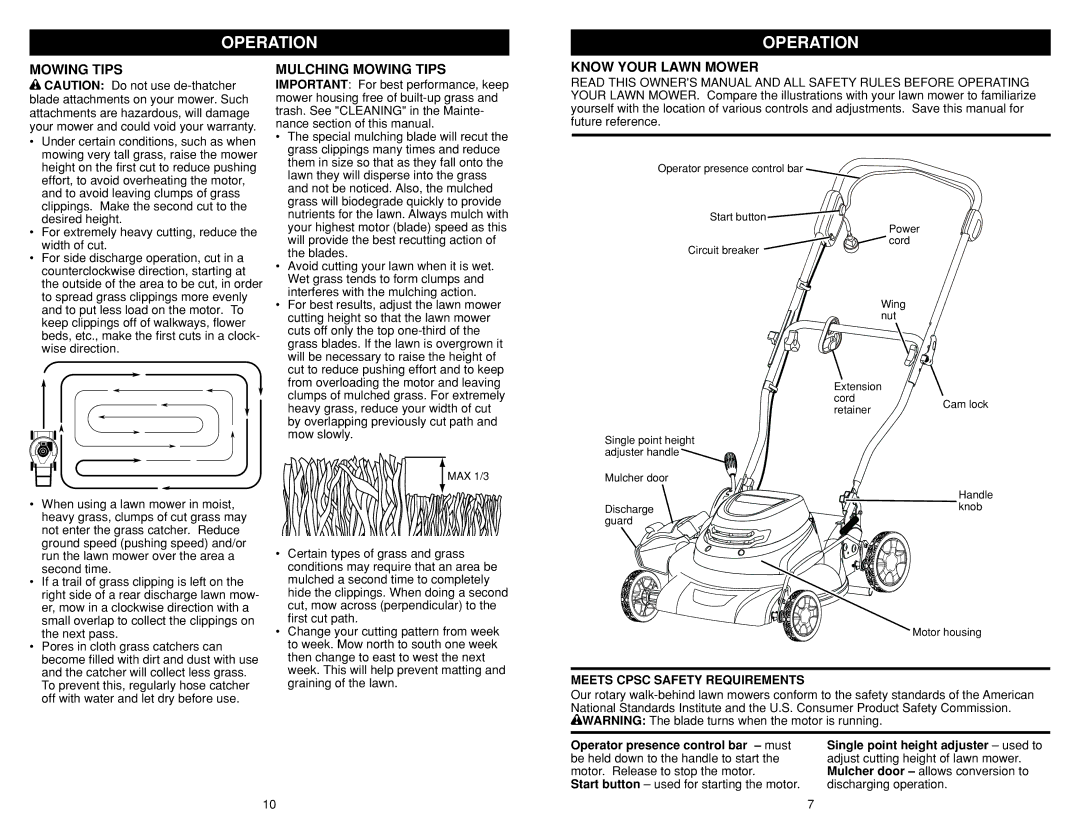 Weed Eater WE18C warranty Operation, Mulching Mowing Tips, Know Your Lawn Mower, Meets Cpsc Safety Requirements 