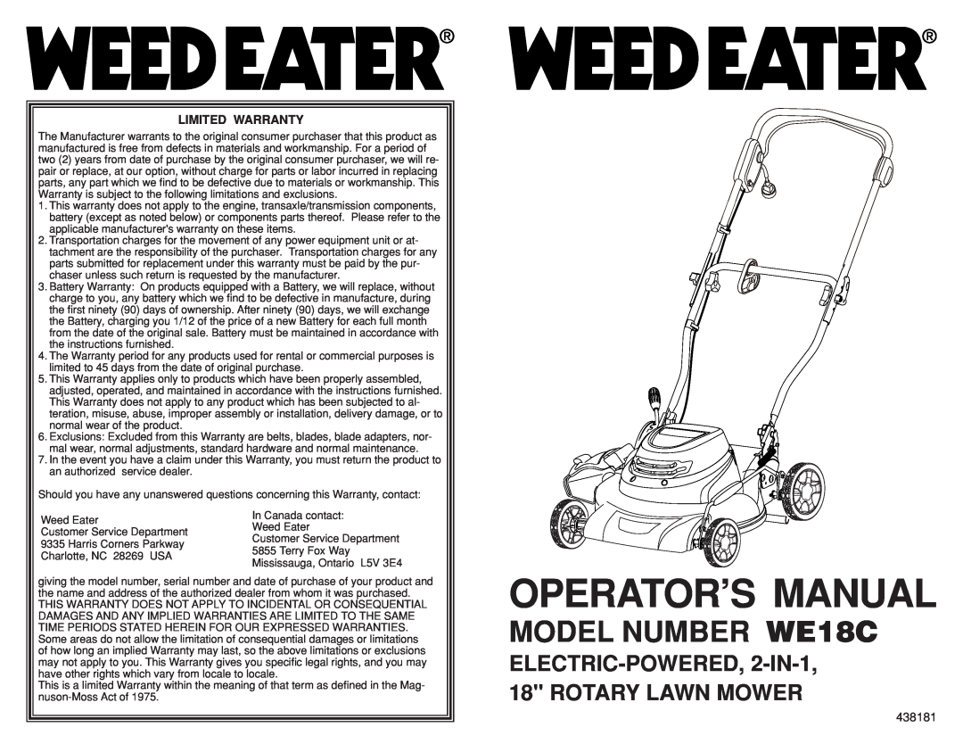 Weed Eater 438181, 96112010100 manual Operator’S Manual, MODEL NUMBER WE18C, ELECTRIC-POWERED, 2-IN-1 18 ROTARY LAWN MOWER 