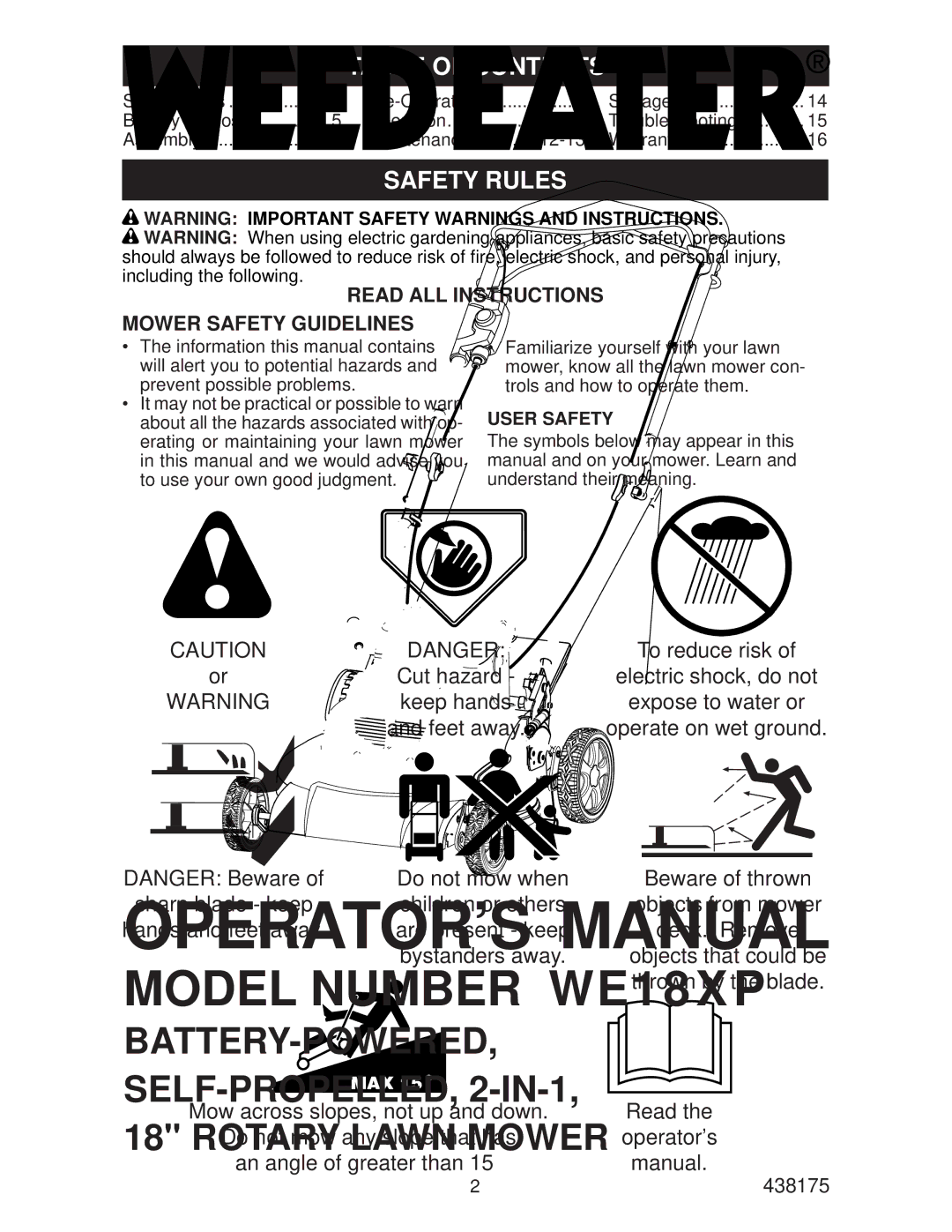 Weed Eater 438175, WE18XP, 96142008800 manual Table of Contents, Safety Rules 