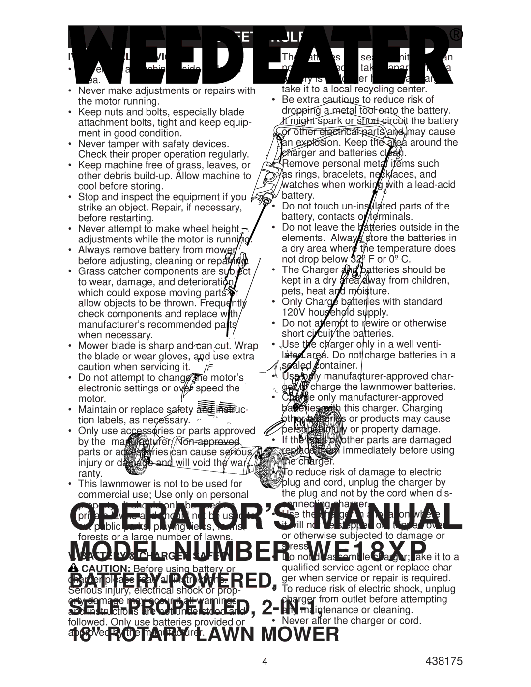 Weed Eater 96142008800, WE18XP, 438175 manual IV. General Service, Battery & Charger Safety 