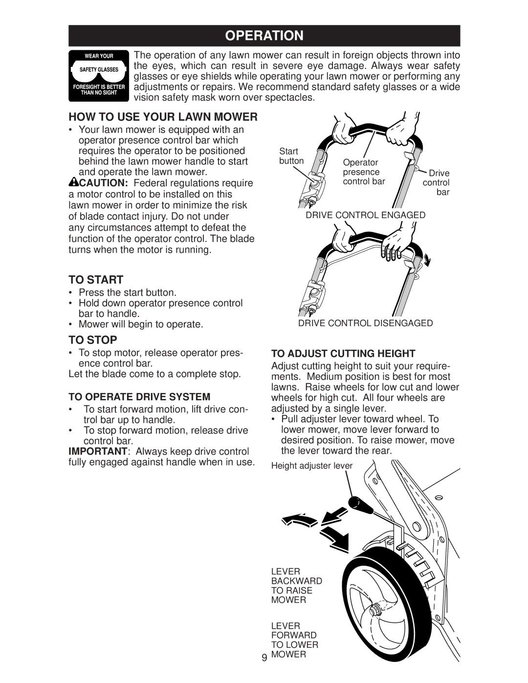 Weed Eater WE18XP, 438175 HOW to USE Your Lawn Mower, To Start, To Stop, To Operate Drive System, To Adjust Cutting Height 