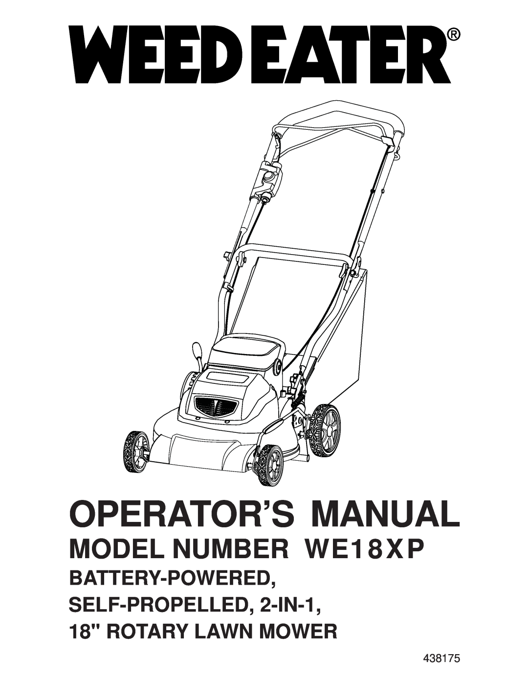 Weed Eater 96142008800 manual Operator’S Manual, MODEL NUMBER WE18XP, 438175 