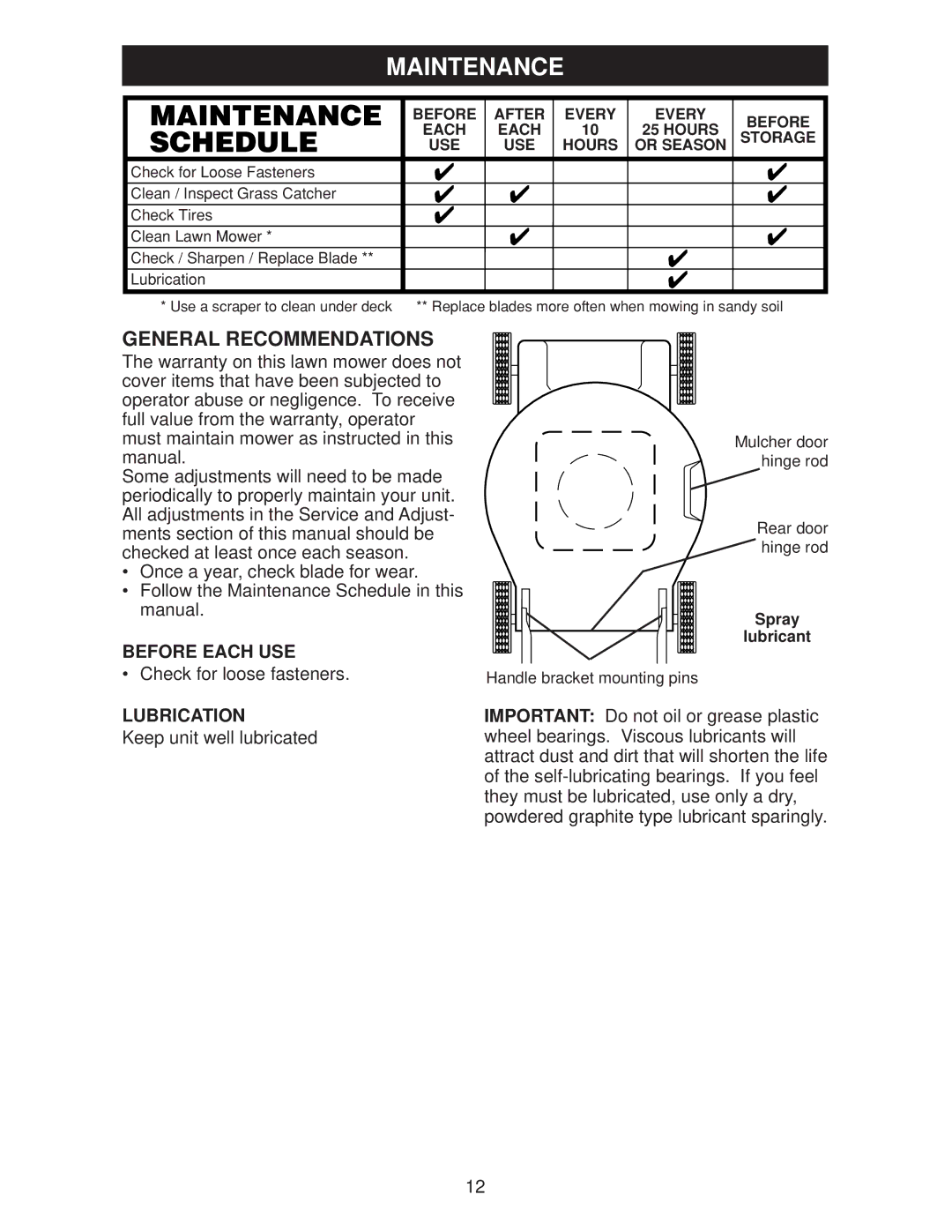 Weed Eater WE20C, 96132006300, 438184 manual Maintenance, General Recommendations, Before Each USE, Lubrication 